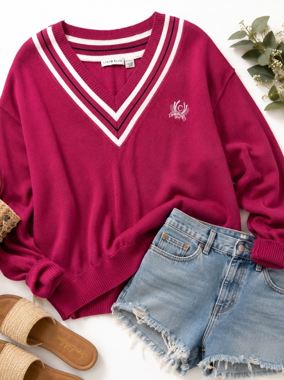 VINTAGE 100% Cotton V-Neck Varsity Sweater Women's Oversized Preppy Knit Size M - Picture 2 of 8